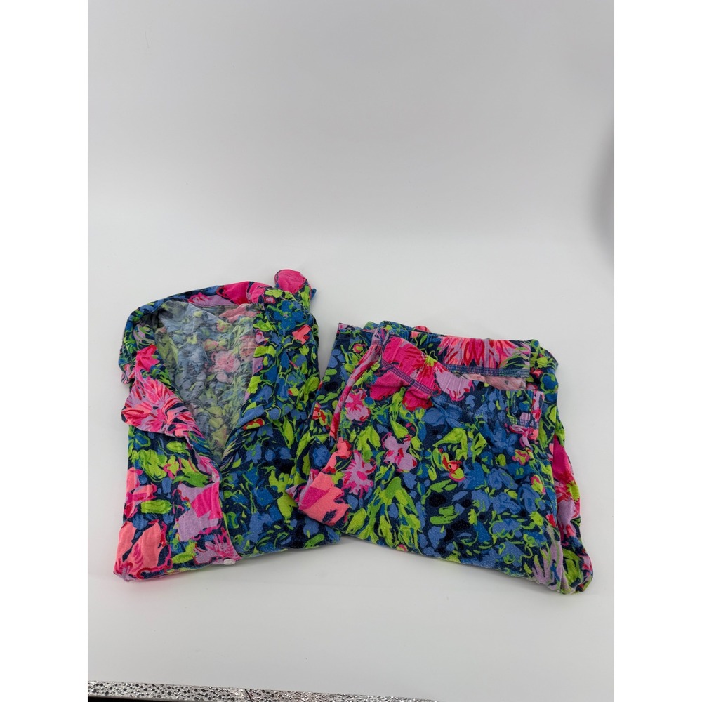 Lilly Pulitzer Pajama Set Womens Small Blue Pink Floral Knit Button Top Pants S